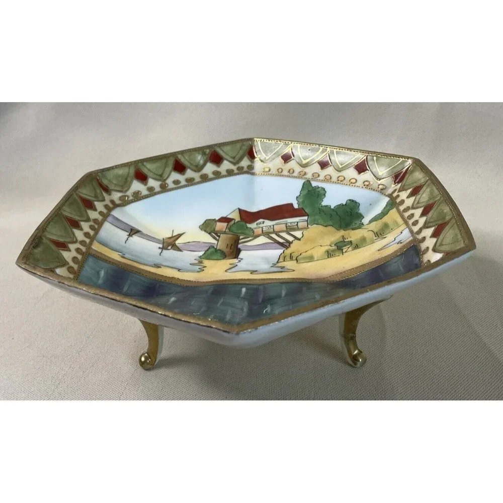 Imperial Nippon Hand Painted Footed Candy Dish Hexagon Water Scene READ 7” VTG